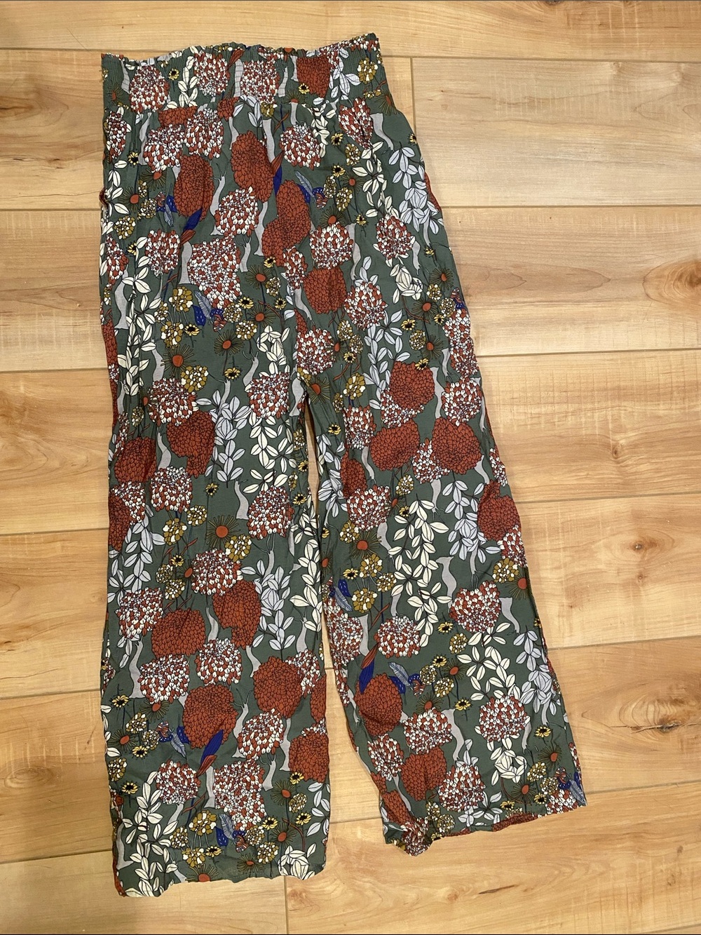 Roolee Olive Green Wide-Leg Floral Pants with Rust & Blue Accents